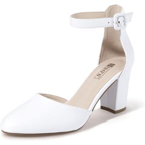 IDIFU IN3 Closed Toe Heels for Women High Chunky Block Heels Women's Pumps Dress Shoes for Women Dressy Wedding Bridal Homecoming Prom Shoes Comfortable Ankle Strap Round Toe Thick Work Heels Pumps