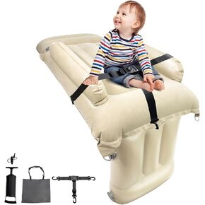Inflatable Bed for Kids, Travel Folded Air Mattress, Seat Extender with Seat Belt, Folded Bed with Inflatable Pillow Airplane Train Car (Cream, Manual Air-Pump Inflation)