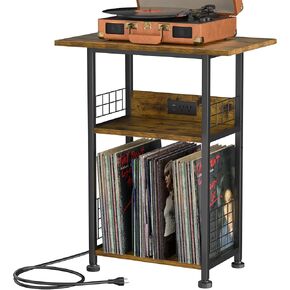 Record Player Stand - 3 Tier End Table with Charging Station, Turntable Stand for Vinyl Record Storage, Record Player Table for Living Room Bedroom (Rustic Brown)
