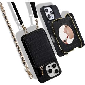 Crossbody Mirror Case Wallet for iPhone 16 Pro with Strap, Card Holder Kickstand, Zippered Purse Phone Cover for Women - 6.3", (Brown)