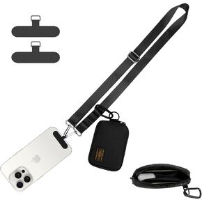 DOB SECHS Crossbody Cell Phone Lanyard with Zippered Coin Pouch, Adjustable Neck Cellphone Strap Pocket with Card Holder Wallet, Phone Tether Tab, Travel Cellphone Accessories, Black-W