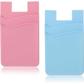 Phone Card Holder, 2Pack Cell Phone Card Holder for Back of Phone, Silicone Sticky Credit Card Holder for Cell Phone Double Pocket Sticker Compatible with Most of Cell Phone (Pink, Blue)