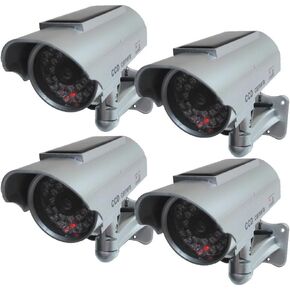 Solar Powered Dummy Fake Security Camera Bullet CCTV Surveillance with Simulated LED Realistic Red Flashing Light and Security Warning Sticker Decal Indoor Outdoor, 4 Pack