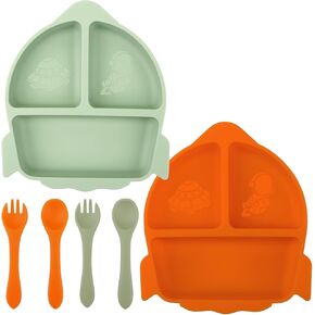 Qshare 6 Pcs Suction Plates for Baby,Toddler Divided Plates with Fork and Spoon,100% Food Grade Silicone Baby Plates,Non-Slip,Baby Led Weaning Supplies,Microwave & Dishwasher Safe (Orange + Green)