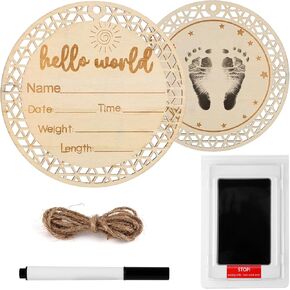Baby Notice Board, Round Baby Nursery Name Plate with Ink Pad Birth Announcement Sign Wooden Hello World Newborn Sign for Baby Hand Footprints
