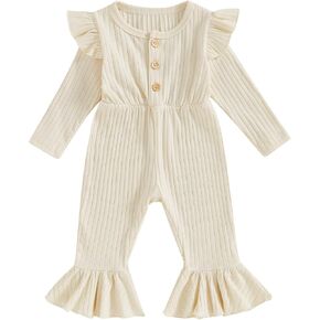 Toddler Girl Ribbed Flare Jumpsuit Fall Outfits Knit Clothes One Piece Rompers Button Fly Long Sleeve Playsuit