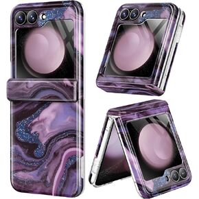 GVIEWIN Designed for Samsung Galaxy Z Flip 6 Case with Hinge Protection, [Built-in Front Screen Protector] Marble Slim Full Body Protective Shockproof Phone Case for Galaxy Z Flip 6 (Quicksand/Purple)