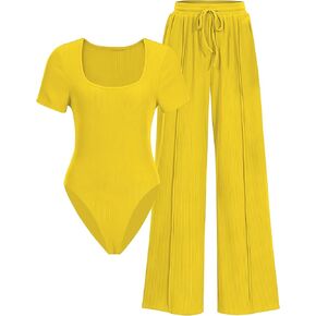 Women's Casual 2 Pieces Outfits Square Neck Short Sleeve Shapewear Bodysuit Drawstring Pants Knit Matching Sets