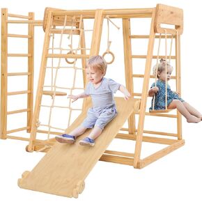 8 in 1 Large Indoor Jungle Gym, Wooden Montessori Indoor Playground for Kids with Slide, Climbing Wall/Net, Rope Ladder, Monkey Bars, Swing, Hanging Ring, Climbing Toy for Toddler 2-8 Inside