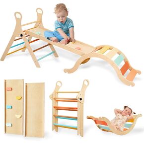 Giant bean Pikler Triangle Set, Pastel 5 in 1 Montessori Climbing Set with Handle, Sliding Ramp & Arch, Foldable Wooden Toddler Climbing Toys Indoor, Playground Jungle Gym for Kids Age 1-3