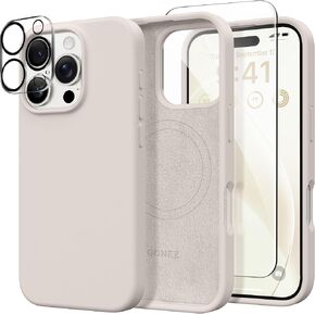 GONEZ Compatible with iPhone 16 Pro Max Case, Compatible with MagSafe, Liquid Silicone Case, 2 Screen Protectors + 2 Len Protectors, Full Body Protective Shockproof Phone Cover 6.9", Stone