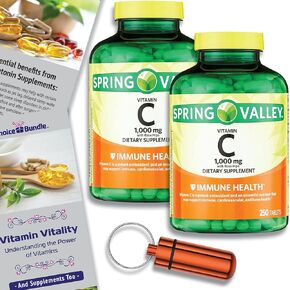Spring Valley Vitamin C with Rose HIPS Tablets Dietary Supplement 1,000 mg, 250 ct Choice Bundle + Vitamin Vitality Guide & Portable Pill Container (3 Items)!