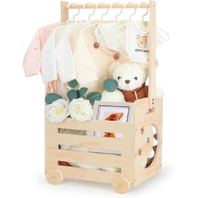 Wooden Baby Shower Crate Closet with Cute Wheels, Movable Baby Gift Basket with Raised Handle, Personalized Baby Storage Crate Hamper, Baby Shower Gifts for Boys Girls, Pregnancy Gifts for New Parents