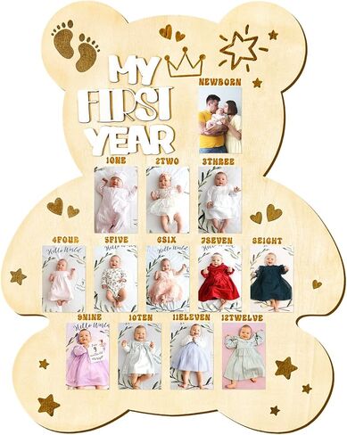 My First Year Photo Display Board Baby First Year Picture Frame Bear Baby Shower Photo Photo Prop 12 Months Milestone Wood Display Board Baby Shower First Birthday Party Decoration Keepsake Gift in Saudi Arabia