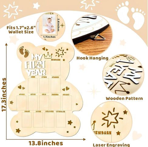 My First Year Photo Display Board Baby First Year Picture Frame Bear Baby Shower Photo Photo Prop 12 Months Milestone Wood Display Board Baby Shower First Birthday Party Decoration Keepsake Gift in Saudi Arabia