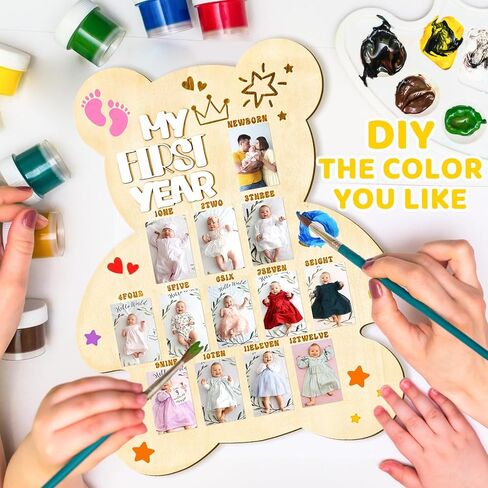 My First Year Photo Display Board Baby First Year Picture Frame Bear Baby Shower Photo Photo Prop 12 Months Milestone Wood Display Board Baby Shower First Birthday Party Decoration Keepsake Gift in Saudi Arabia
