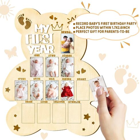 My First Year Photo Display Board Baby First Year Picture Frame Bear Baby Shower Photo Photo Prop 12 Months Milestone Wood Display Board Baby Shower First Birthday Party Decoration Keepsake Gift in Saudi Arabia