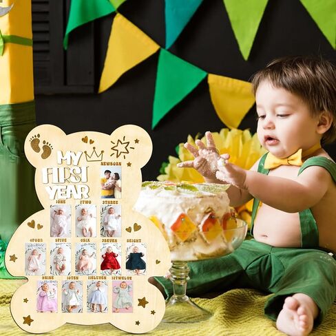 My First Year Photo Display Board Baby First Year Picture Frame Bear Baby Shower Photo Photo Prop 12 Months Milestone Wood Display Board Baby Shower First Birthday Party Decoration Keepsake Gift in Saudi Arabia