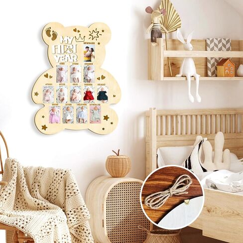 My First Year Photo Display Board Baby First Year Picture Frame Bear Baby Shower Photo Photo Prop 12 Months Milestone Wood Display Board Baby Shower First Birthday Party Decoration Keepsake Gift in Saudi Arabia