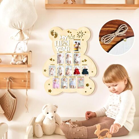 My First Year Photo Display Board Baby First Year Picture Frame Bear Baby Shower Photo Photo Prop 12 Months Milestone Wood Display Board Baby Shower First Birthday Party Decoration Keepsake Gift in Saudi Arabia