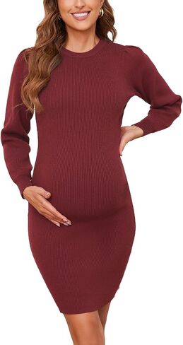 Ecavus Women's Maternity Sweater Dress Long Bishop Sleeves Knit Pullover Bodycon Mini Dresses in Saudi Arabia