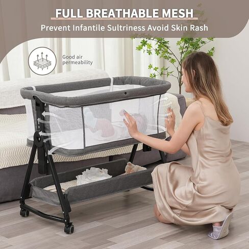 3 in 1 Baby Bassinet, Baby Bassinets Bedside Sleeper for Baby, Bedside Bassinet with Wheels for Newborn, All Mesh Baby Bassinet with Mosquito Net,Adjustable Height Bassinet(Grey) in Saudi Arabia