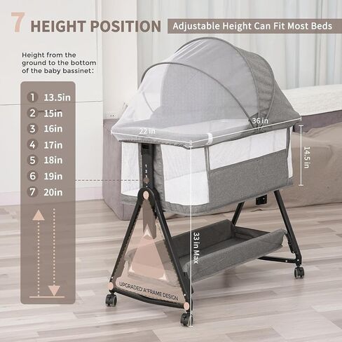 3 in 1 Baby Bassinet, Baby Bassinets Bedside Sleeper for Baby, Bedside Bassinet with Wheels for Newborn, All Mesh Baby Bassinet with Mosquito Net,Adjustable Height Bassinet(Grey) in Saudi Arabia