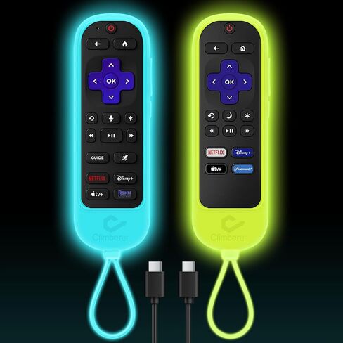 [حزمة من قطعتين] غلاف Climberer Roku Voice Remote Pro (الإصدار الثاني) | جهاز التحكم عن بعد Roku القابل لإعادة الشحن من السيليكون المتوهج في الظلام، استبدال جهاز التحكم عن بعد Roku # RCB1R الحبل المتكامل | (أزرق مضيء + أخضر) in Saudi Arabia