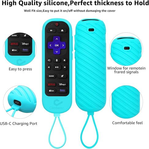 [حزمة من قطعتين] غلاف Climberer Roku Voice Remote Pro (الإصدار الثاني) | جهاز التحكم عن بعد Roku القابل لإعادة الشحن من السيليكون المتوهج في الظلام، استبدال جهاز التحكم عن بعد Roku # RCB1R الحبل المتكامل | (أزرق مضيء + أخضر) in Saudi Arabia