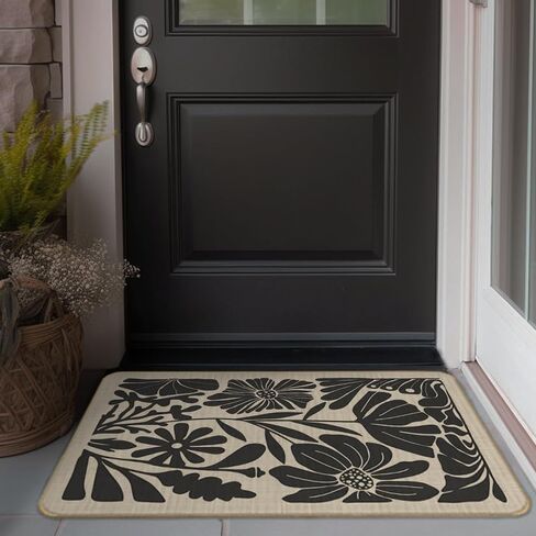 Boho Beige and Black Floral Door Mat - Bohemian Neutral Floral Front Door Mats Outdoor Entrance, Boho Welcome Mat, Boho Kitchen Mat, Boho Bath Mat, 17x30 rug in Saudi Arabia