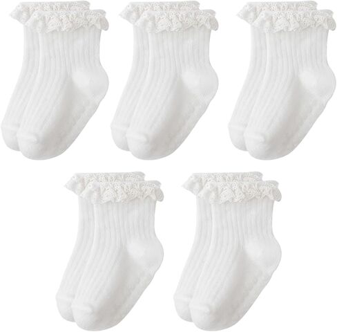 Meeshine Baby Toddler Girls Anti Slip Ruffle Socks with Grips Newborn Infant Cotton Non Skid Frilly Dress Socks, 5 Packs in Kuwait