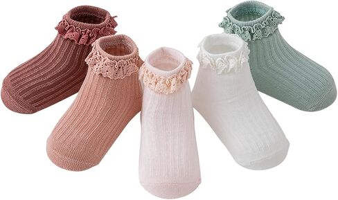 Meeshine Baby Toddler Girls Anti Slip Ruffle Socks with Grips Newborn Infant Cotton Non Skid Frilly Dress Socks, 5 Packs in Saudi Arabia