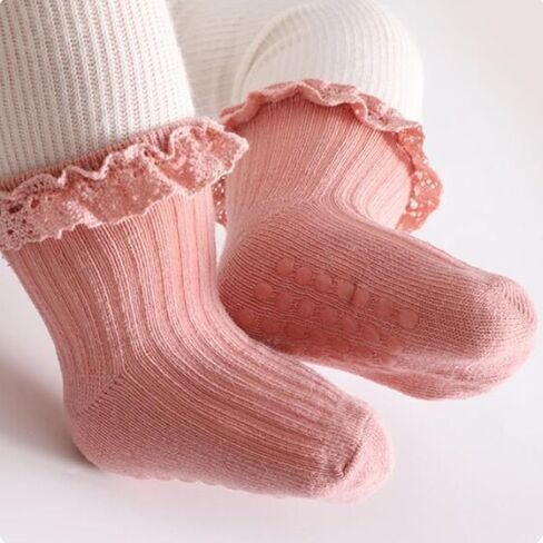 Meeshine Baby Toddler Girls Anti Slip Ruffle Socks with Grips Newborn Infant Cotton Non Skid Frilly Dress Socks, 5 Packs in Saudi Arabia
