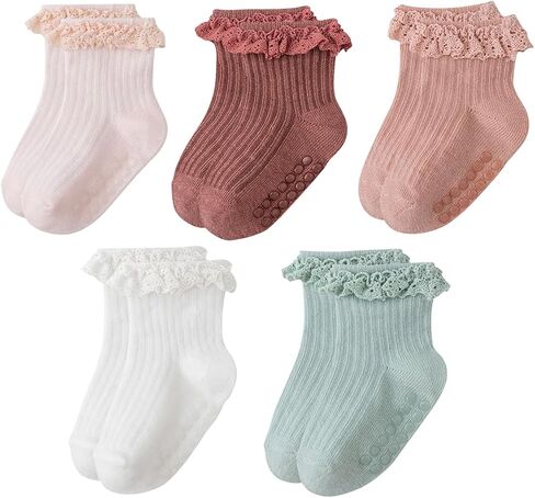 Meeshine Baby Toddler Girls Anti Slip Ruffle Socks with Grips Newborn Infant Cotton Non Skid Frilly Dress Socks, 5 Packs in Saudi Arabia
