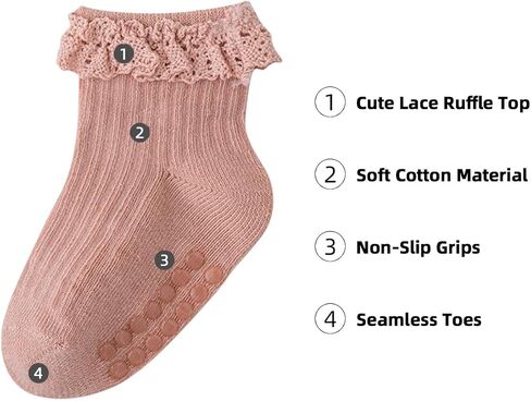 Meeshine Baby Toddler Girls Anti Slip Ruffle Socks with Grips Newborn Infant Cotton Non Skid Frilly Dress Socks, 5 Packs in Saudi Arabia