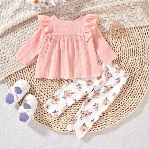 Unutiylo Baby Girl Clothes Toddler Girl Outfits Long Sleeve Ruffle Top Pant Set Cute Fall Winter Clothes 0-24 Months in Saudi Arabia