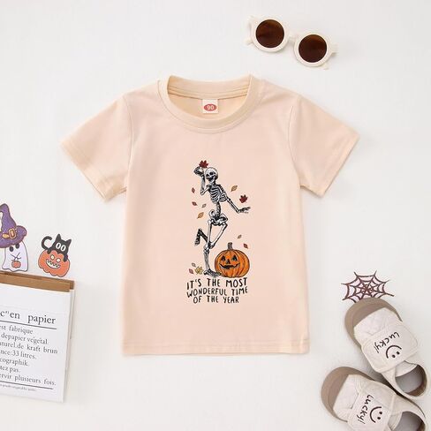 IZYJOY Toddler Dancing Skeleton Halloween Shirt Baby Girl Boy Pumpkin Skull T-Shirt Spooky Season Short Sleeve Tee Fall Top in Saudi Arabia