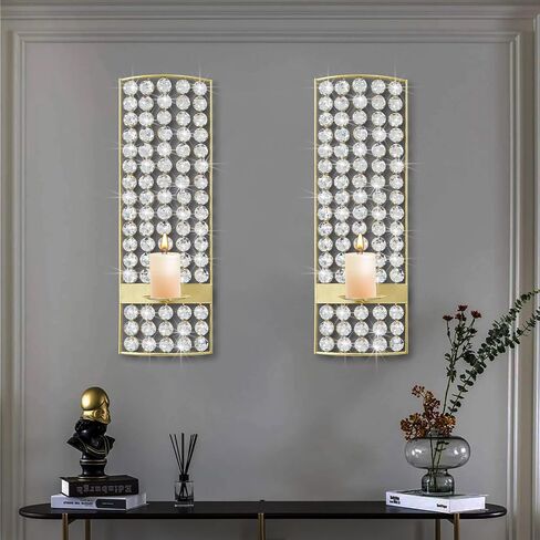 5.9 * 16.5 Inch Rhinestone Candle Sconces Sparkling Crystal Bling Diamonds Metal Wall Candle Holder for Living Room Bedroom Home Decor Party Wedding Wall Decoration Set of 2 Silver in Saudi Arabia