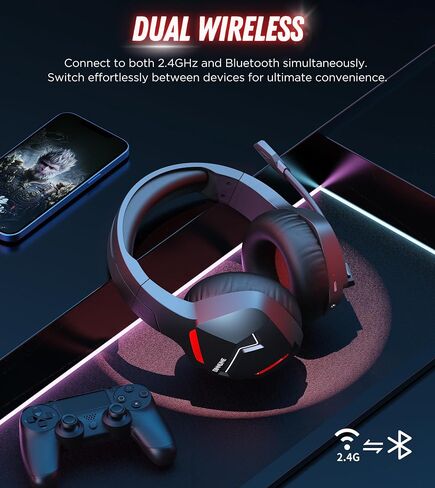 سماعة ألعاب لاسلكية من BINNUNE مع ميكروفون للكمبيوتر الشخصي PS4 PS5 بلاي ستيشن 4 5، سماعات رأس بلوتوث لاسلكية 2.4G للألعاب مع ميكروفون للكمبيوتر المحمول، أسود in Kuwait