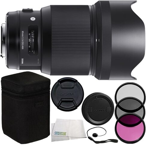 عدسة سيجما 85 ملم f/1.4 DG HSM Art لكاميرات Canon EF 7 قطع - تتضمن طقم مرشح 3 قطع (UV + CPL + FLD) + قطعة قماش للتنظيف + حافظة غطاء العدسة + المزيد in Kuwait