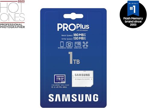 SAMSUNG PRO Plus microSD Memory Card + Adapter, 1TB MicroSDXC, Up to 180 MB/s, Full HD & 4K UHD, UHS-I, C10, U3, V30, A2 for Android Phones, Tablets, GoPRO, DJI Drone, MB-MD1T0SA/AM, 2024 in Saudi Arabia
