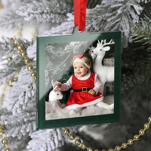 UNIQOOO 8 Pcs Christmas Acrylic Gold Photo Frame Ornaments for Display Picture, 2.5 x 2.5 inch Festive Hanging Decoration, Double-Sided Picture Frames for Holiday Season, Home, Party, Xmas Tree Decor in Kuwait