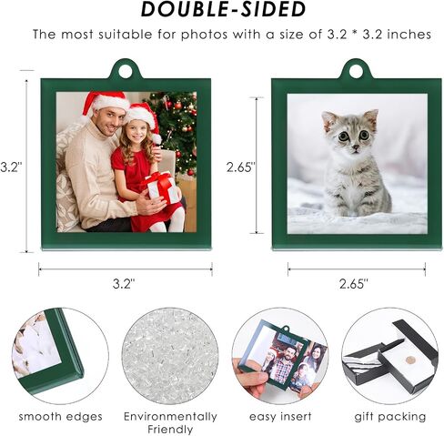 UNIQOOO 8 Pcs Christmas Acrylic Gold Photo Frame Ornaments for Display Picture, 2.5 x 2.5 inch Festive Hanging Decoration, Double-Sided Picture Frames for Holiday Season, Home, Party, Xmas Tree Decor in Kuwait