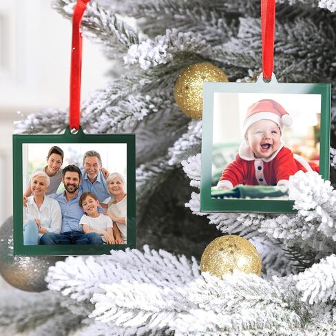 UNIQOOO 8 Pcs Christmas Acrylic Gold Photo Frame Ornaments for Display Picture, 2.5 x 2.5 inch Festive Hanging Decoration, Double-Sided Picture Frames for Holiday Season, Home, Party, Xmas Tree Decor in Kuwait