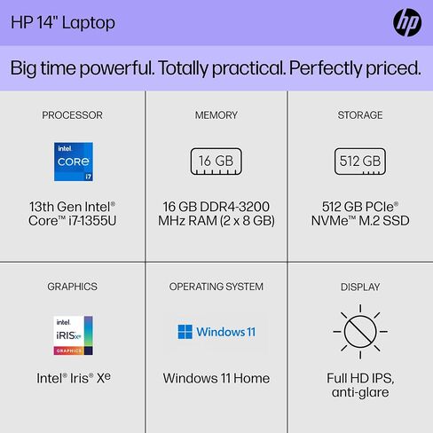 HP 14 inch Laptop, FHD Display, 13th Generation Intel Core i7-1355U, 16 GB RAM, 512 GB SSD, Intel Iris Xe Graphics, Windows 11 Home, 14-ep0199nr (2024) in Saudi Arabia