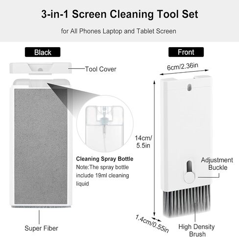 Multifunctional Cleaning Kit Screen Cleaner, 3-in-1 Screen Cleaner Kit for iPhone, iPad, Mobile Phone, Laptop, Tablet, 19ml Refillable Strong Cleaning Spray Super Soft Brush Microfiber Cloth (White) in Saudi Arabia