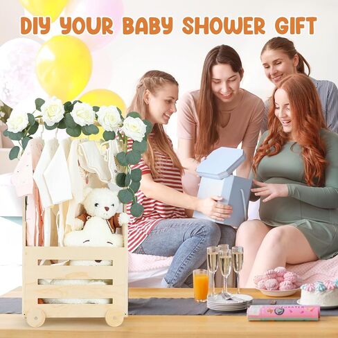 Wooden Baby Shower Crate Closet with Cute Wheels, Movable Baby Gift Basket with Raised Handle, Personalized Baby Storage Crate Hamper, Baby Shower Gifts for Boys Girls, Pregnancy Gifts for New Parents in Saudi Arabia