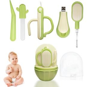5-in-1 Baby Nail Kit of Cute Cactus Design, Baby Care Products Including Baby Nail Clipper + Nail File + Scissor + Tweezer + Ear Wax Remover, New Born Grooming Essentials for Infants (Green)