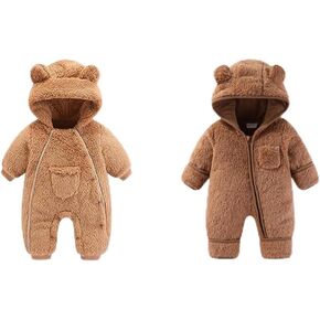 0-3Months Newborn Baby Bear Onesie Outfit Suit Girls Boys Fleece Jumpsuit Newborn Baby Bear Onesie Outfit Suit Fold-Over Mittens Footies
