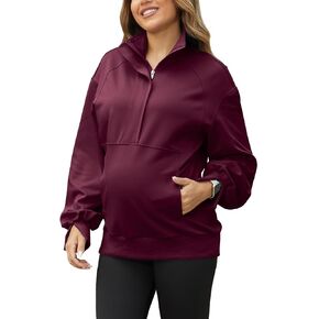Bhome Maternity Sweatshirt Half Zip Pullover Lapel Maternity Shirt Long Sleeve Maternity Tunic with Pockets